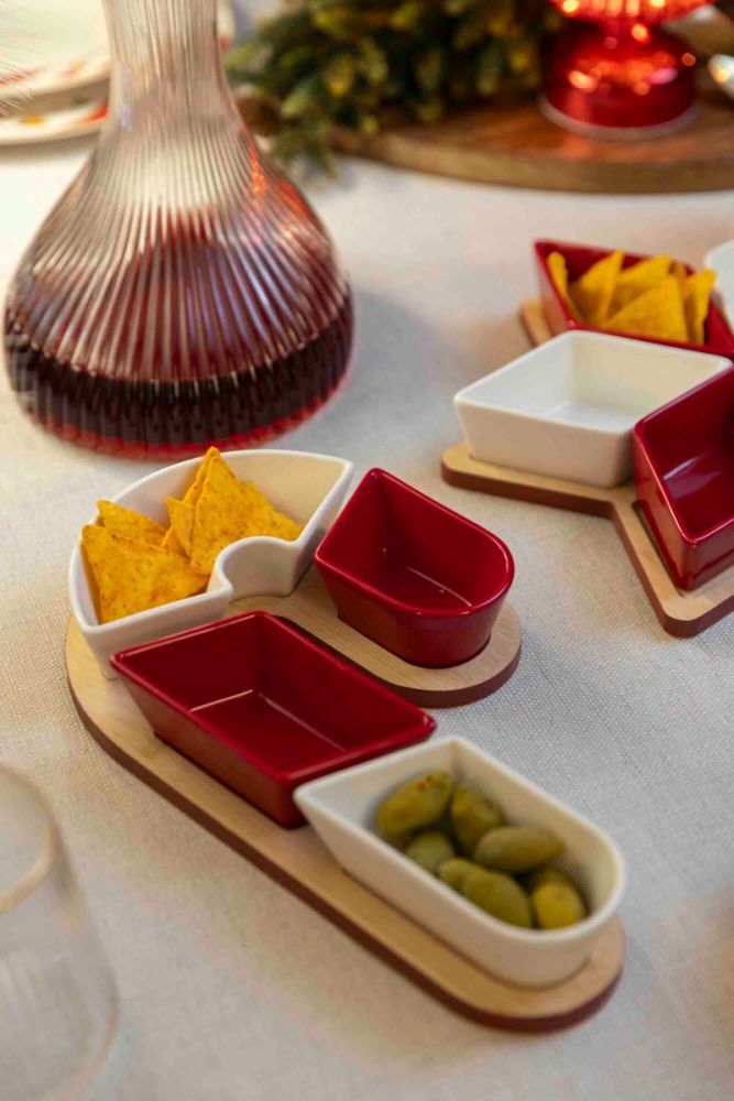 EVVIVA Antipastiera CANDY 4 ciotole in ceramica con vassoio in legno