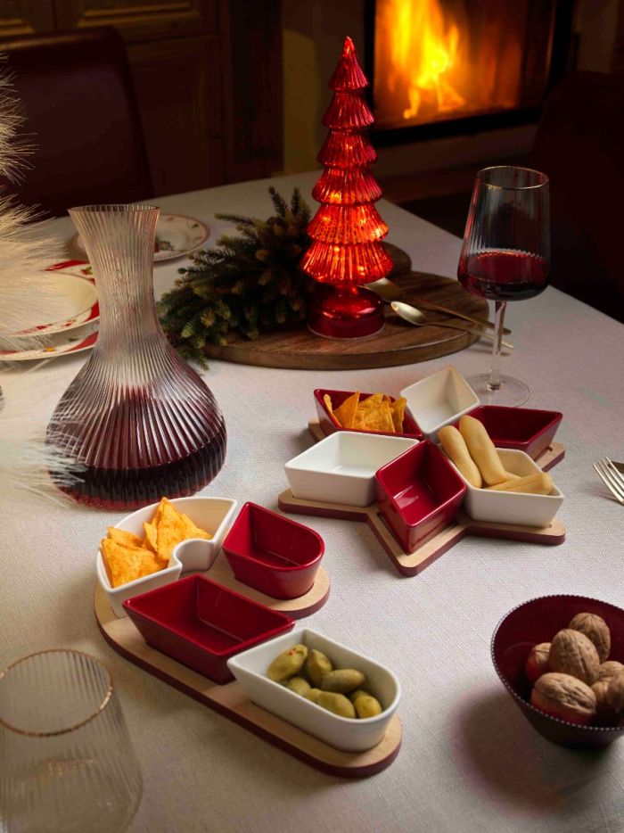 EVVIVA Antipastiera CANDY 4 ciotole in ceramica con vassoio in legno