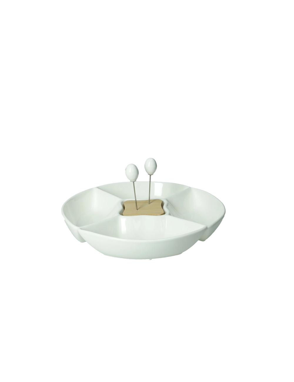 BRANDANI ANTIPASTIERA CLASSIC IN PORCELLANA BIANCA E BAMBOO CON 2 FORCHETTINE IN ACCIAIO INOX