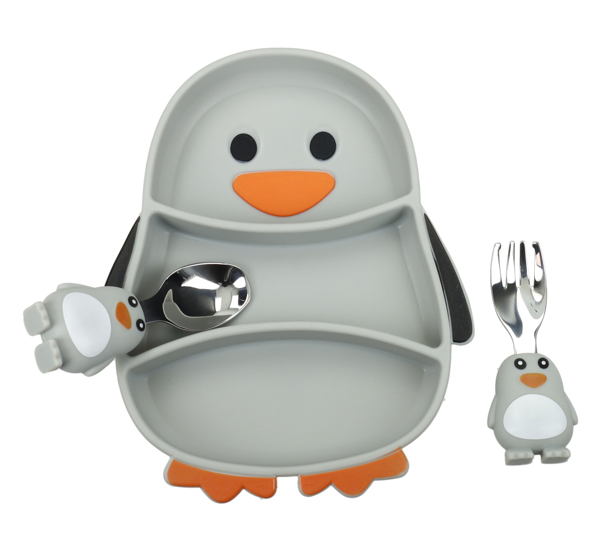 BRANDANI SET PAPPA PINGUINO CON FORCHETTA E CUCCHIAIO INOX E SILICONE