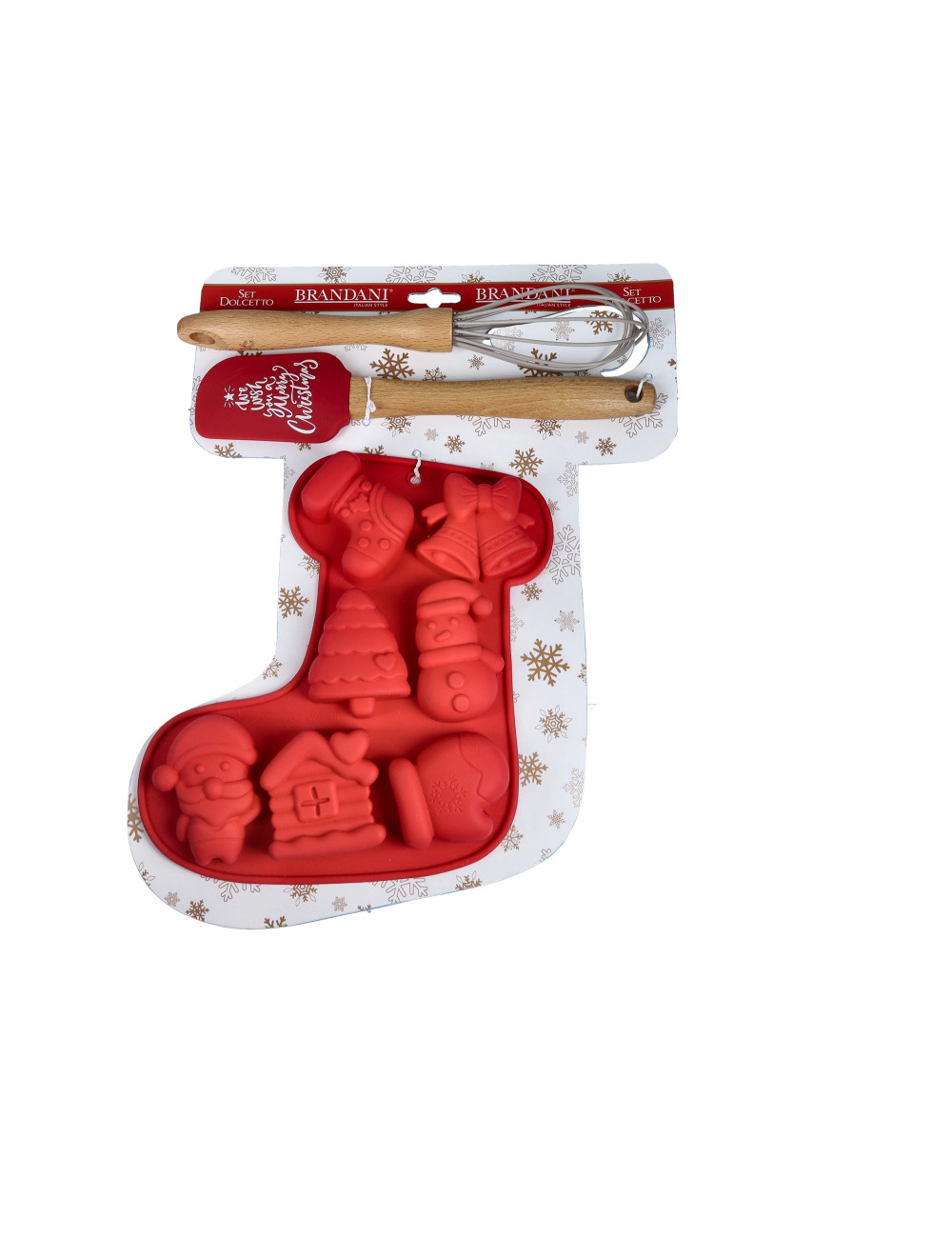 BRANDANI Stampo biscotti “Calza Natalizia” rossa con frusta e leccapentola in silicone – 36 x 29 cm
