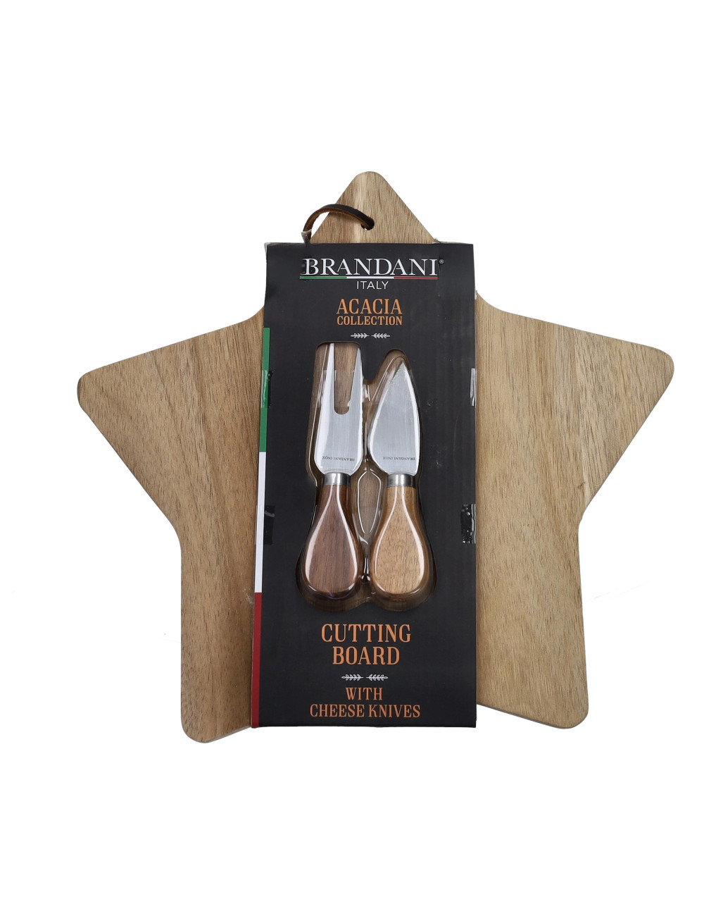 BRANDANI TAGLIERE STELLA ACACIA C-DUE COLTELLI FORMAGGIO INOX E ACACIA BRANDANI TAGLIERE STELLA ACACIA C-DUE COLTELLI FORMAGGIO INOX E ACACIA
