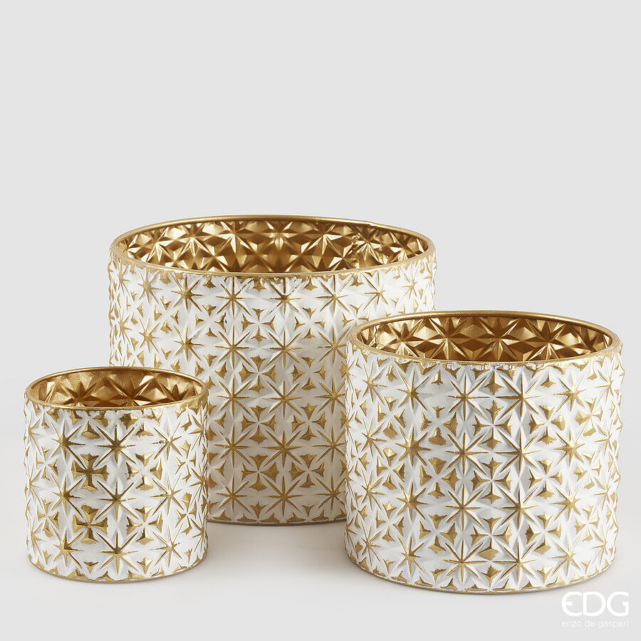EDG ENZO DE GASPERI VASO STELLE METALLO ROTONDO TRE PZ BIANCO E ORO EDG ENZO DE GASPERI VASO STELLE METALLO ROTONDO TRE PZ BIANCO E ORO