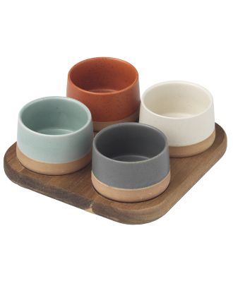 EVVIVA  Set 4 ciotoline Ø 9,5 x 5,5 cm c-vassoio in legno 22 x 22 cm