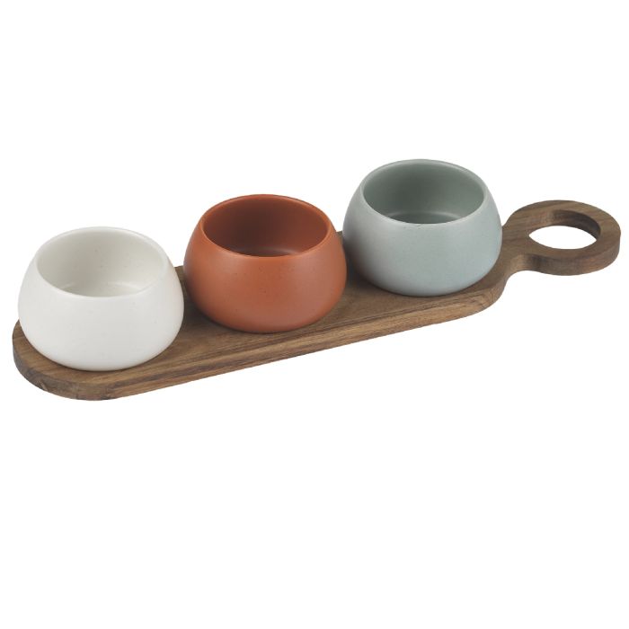 EVVIVA Set 3 ciotole con vassoio in legno 10X38 cm