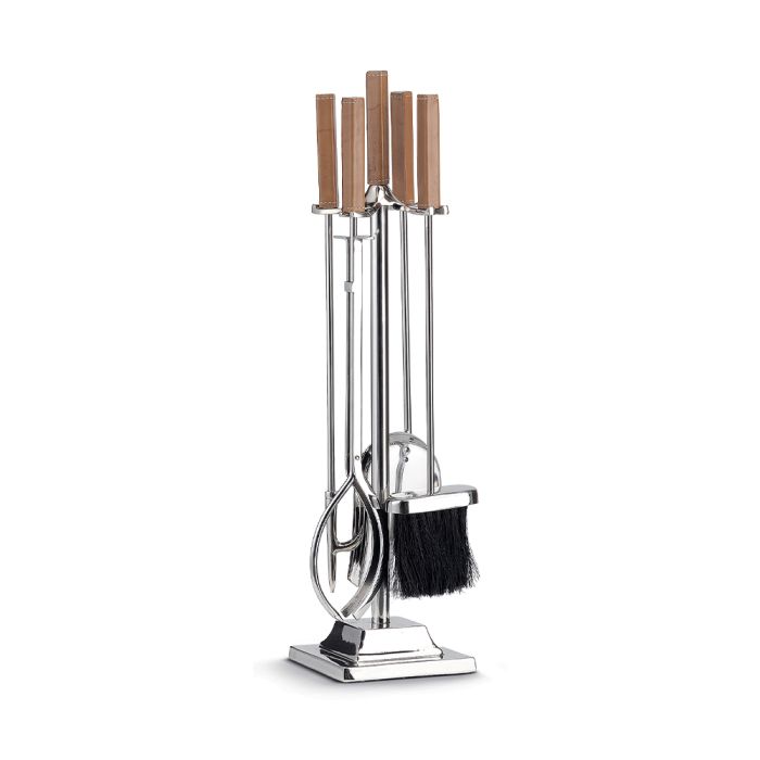 POZZI MILANO COLONIAL CHARM SET FUOCO IN ACCIAIO CON MANICI IN PELLE MARRONE