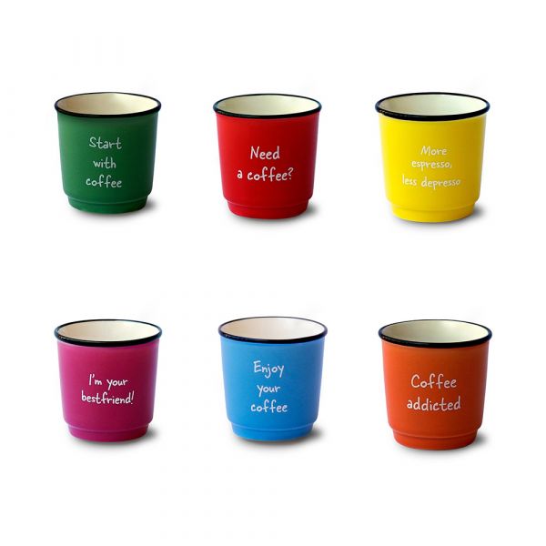 WDLIFESTYLE Set 6 tazzine in New Bone China con scritte