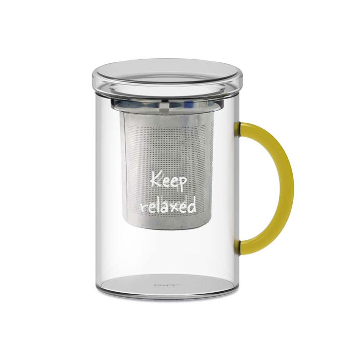 WDLIFESTYLE Tisaniera in vetro borosilicato con filtro in acciaio inox, manico colorato e scritta decorativa Keep relaxed Giallo WDLIFESTYLE Tisaniera in vetro borosilicato con filtro in acciaio inox, manico colorato e scritta decorativa Keep relaxed Giallo