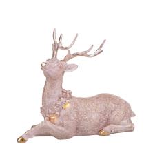 Bianchi Dino Decorazione Natalizia Statuina Renna Rose Gold seduta con ghirlanda oro con Led
