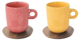 Easy Life Set due Mug TAKE A LOOP colorate Con piattino in acacia Con scatola regalo