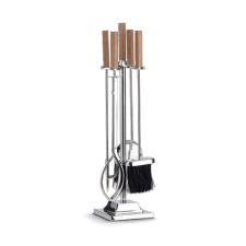 POZZI MILANO COLONIAL CHARM SET FUOCO IN ACCIAIO CON MANICI IN PELLE MARRONE