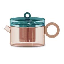 WDLIFESTYLE TEIERA IN VETRO BOROSILICATO CON MANICO AD ANELLO PESCA E VERDE PETROLIO