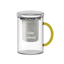 WDLIFESTYLE Tisaniera in vetro borosilicato con filtro in acciaio inox, manico colorato e scritta decorativa Keep relaxed Giallo
